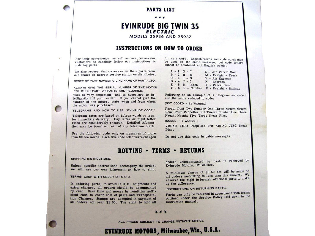 1958 Evinrude 25936 25937 Big Twin 35HP Electric Parts Catalog/List - Used