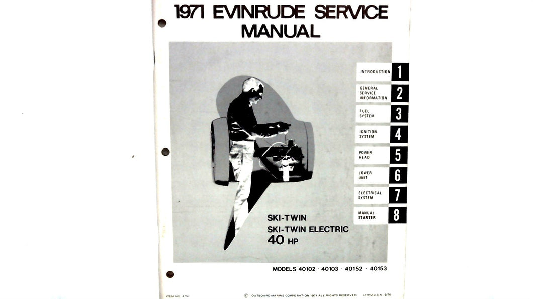 1971 Evinrude Ski-Twin Elec 40hp 40102 40103 40152 40153 Service Manual - Used