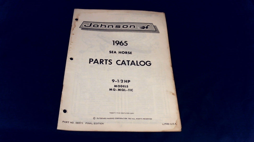 1965 Johnson 380573 Sea Horse 9-1/2 hp Parts Catalog Models MQ-MQL-11C - Used