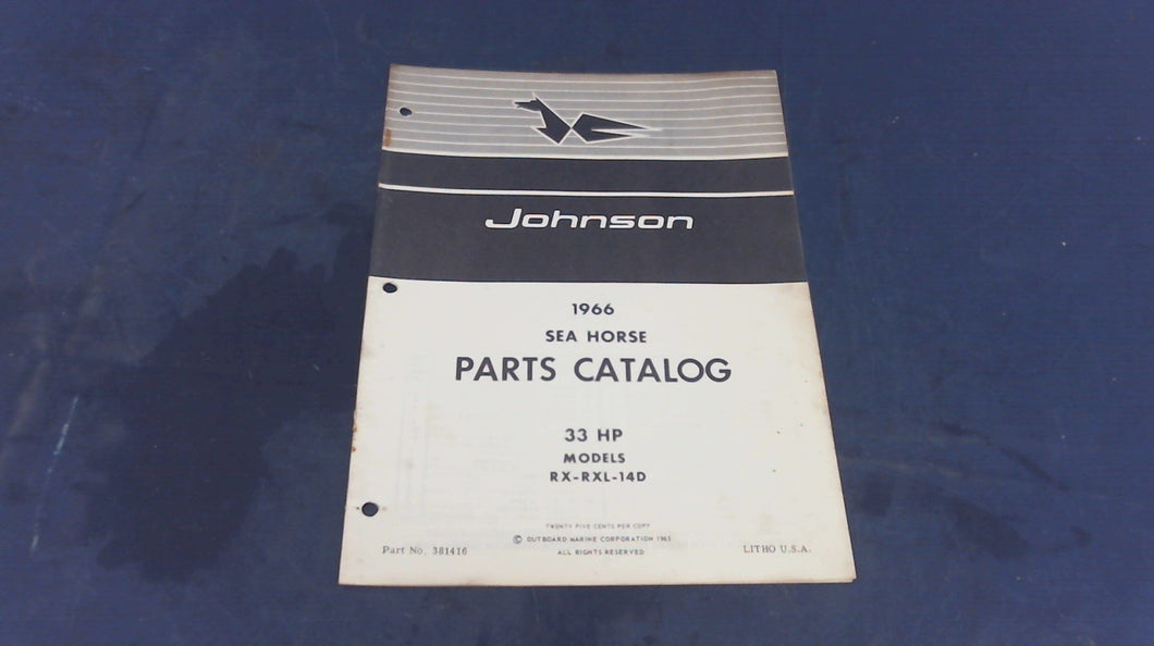 1966 Johnson 33HP RX-14D RXL-14D Sea Horse Parts Catalog/List - Used