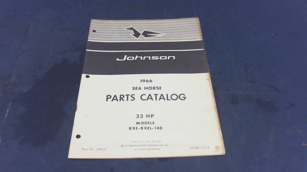 1966 Johnson 33HP RXE-14D RXEL-14D Sea Horse Parts Catalog/List - Used