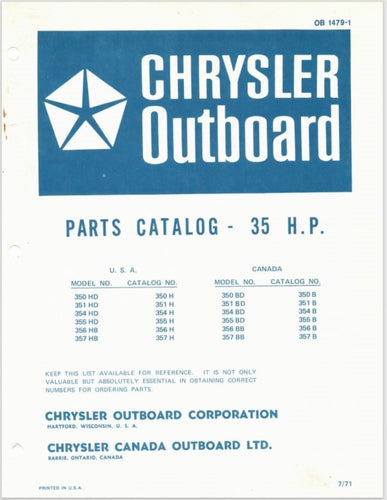 1972 Chrysler 35HP 350HE 351HE 354HE 355HE 356HC 357HC BE BC Parts Catalog Used