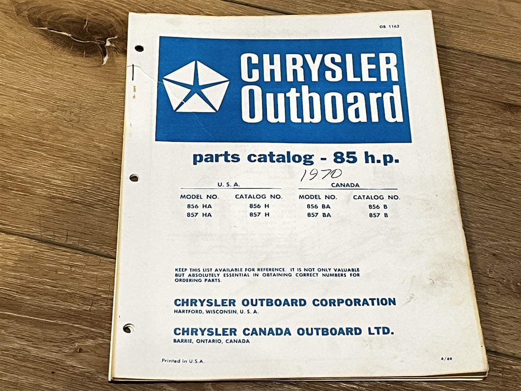 1969 Chrysler 85HP 856HA 857HA 856BA 857BA Parts Catalog