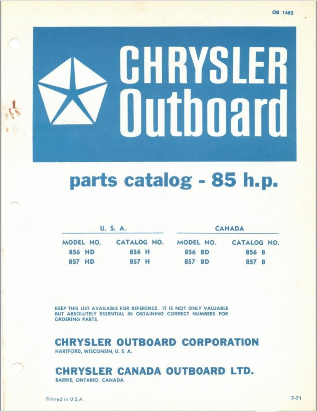 1971 Chrysler 85 HP 856HD 857HD 856BD 857BD Parts Catalog - Used