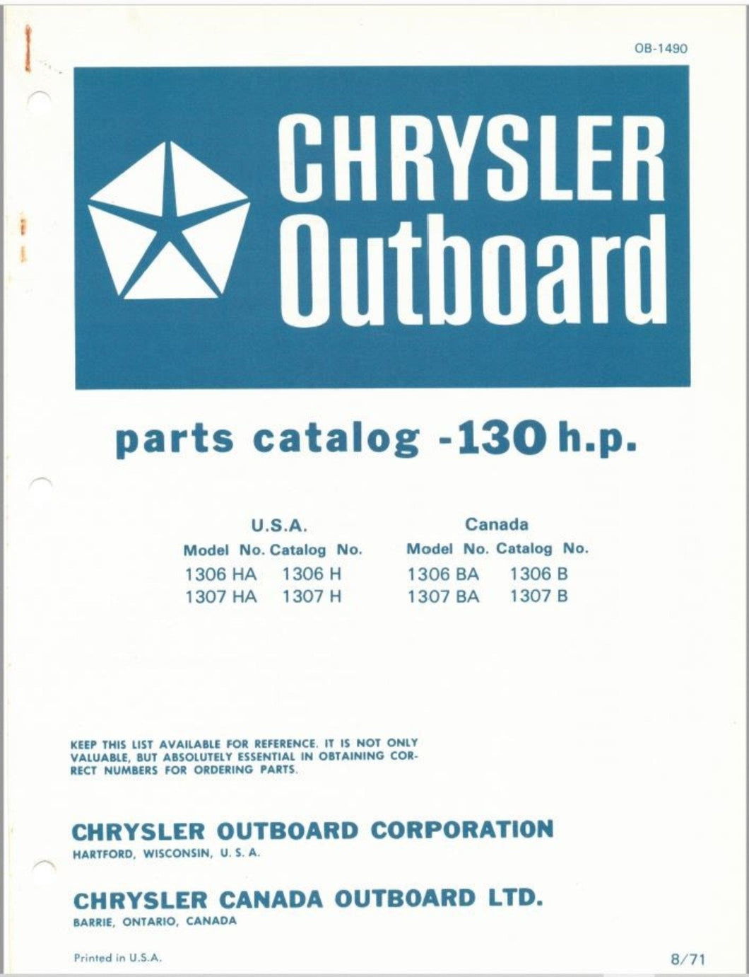 1971 Chrysler 130 HP 1306HA 1307HA 1306BA 1307BA Parts Catalog - Used