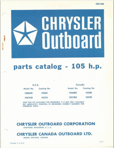 1971 Chrysler 105 HP 1056HD 1057HD 1056BD 1057BD Parts Catalog - Used