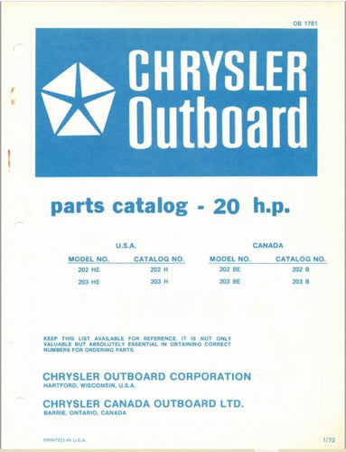 1972 Chrysler 20 HP 202HE 203HE 202BE 203BE Parts Catalog