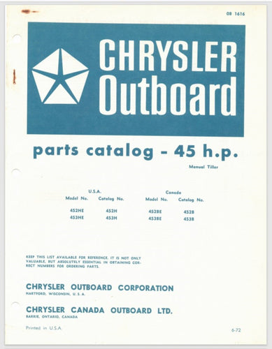 1972 Chrysler 45 HP 452HE 453HE 452BE 453BE Parts Catalog