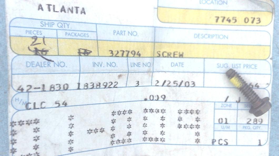 Johnson Evinrude OMC 327794 Gear to Shaft Screw 8hp