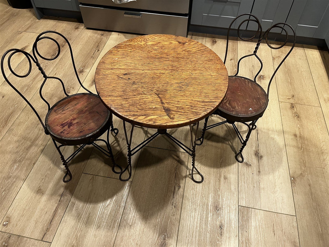 Antique Children's Ice Cream Parlor Oak Table and 2 Chairs - Circa 1920 (SC)