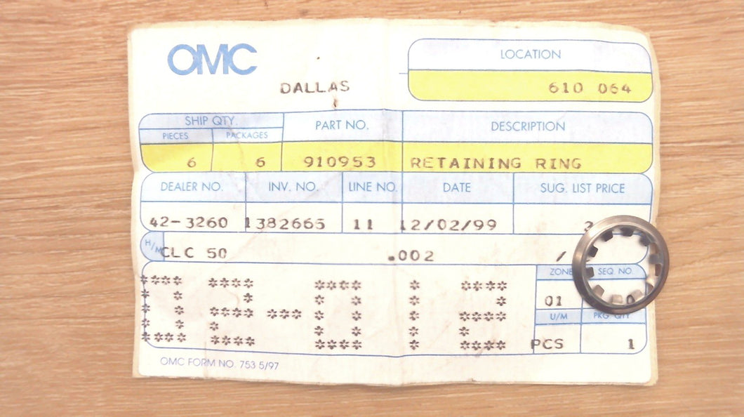 Johnson Evinrude OMC 910953 Retaining Ring