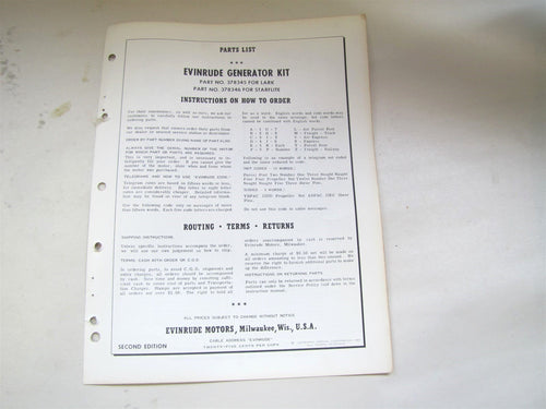 Evinrude 378345 Lark 378346 Starflite Generator Kit Parts List/Catalog 1961 Used