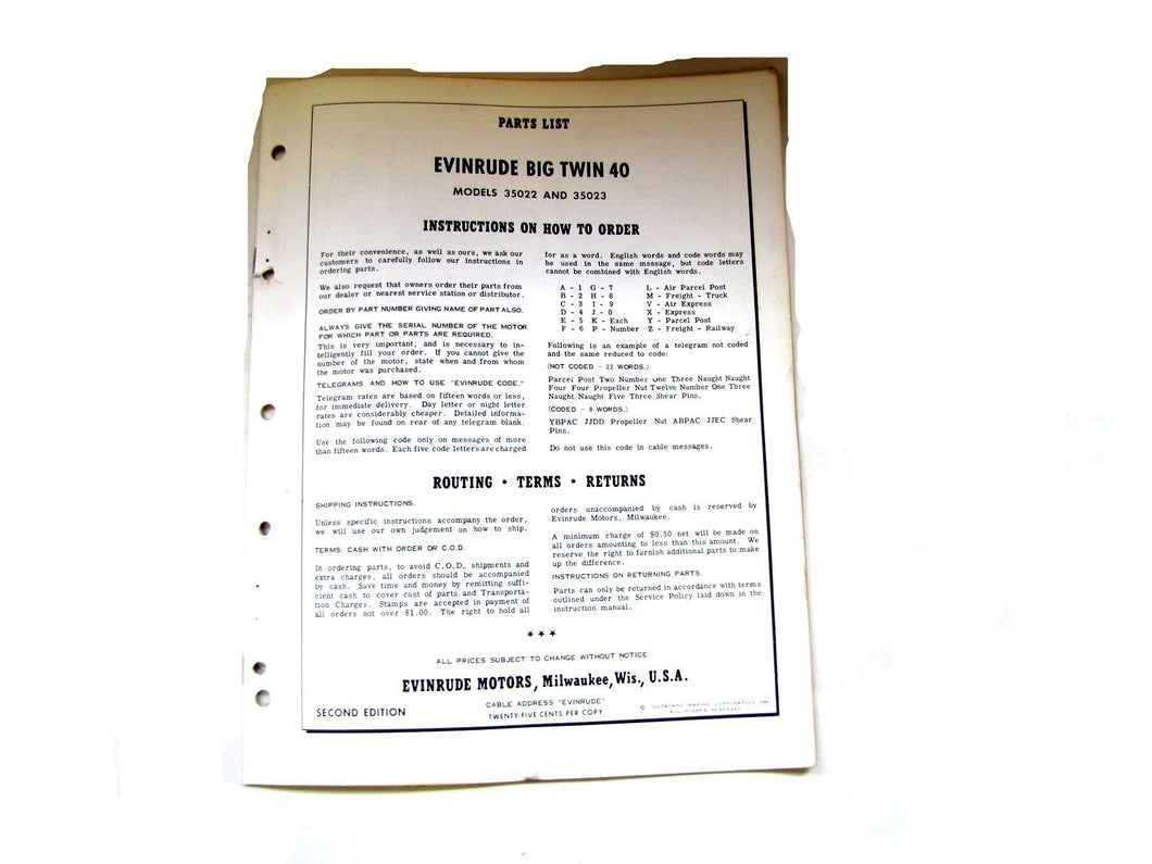 1961 Evinrude 35022 35023 Big Twin 40 Parts List Manual Used