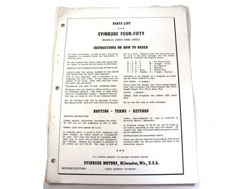 1958 Evinrude 50HP 50012 50013 Four-Fifty Parts Catalog/List Used