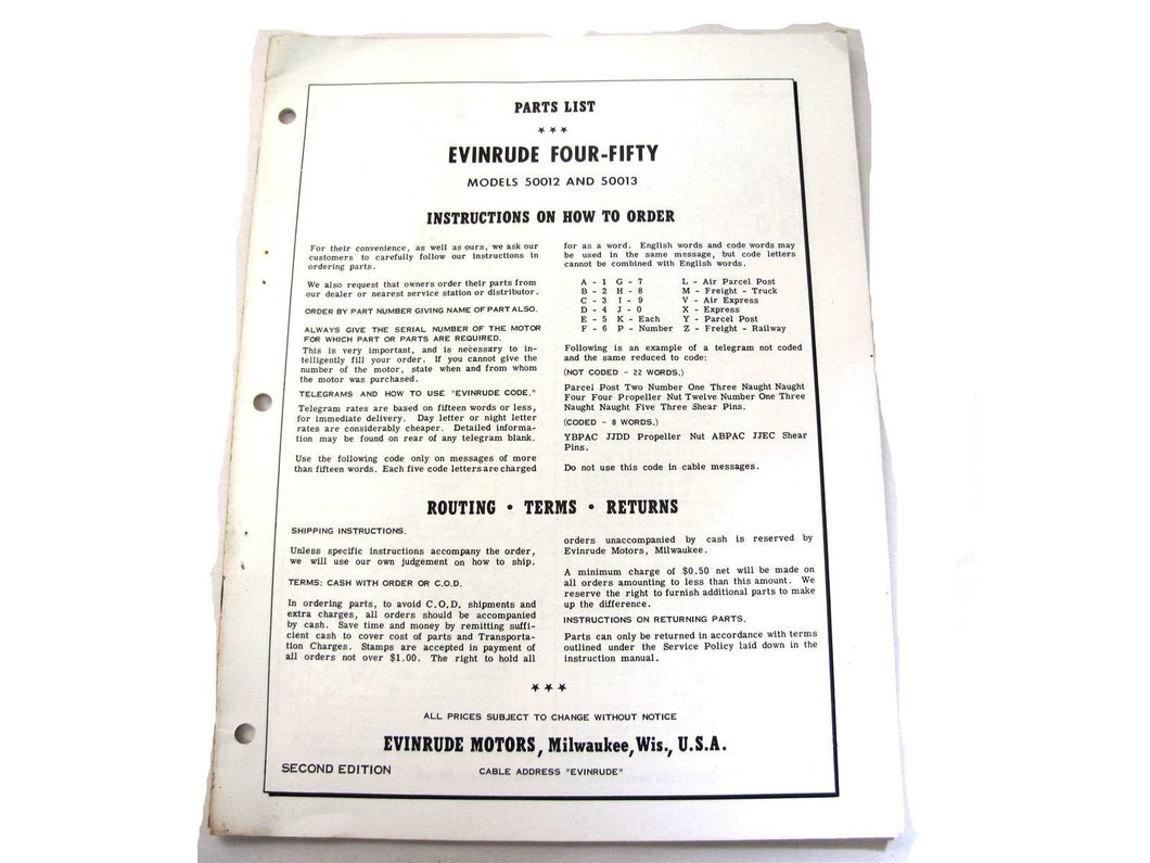 1958 Evinrude 50HP 50012 50013 Four-Fifty Parts Catalog/List Used
