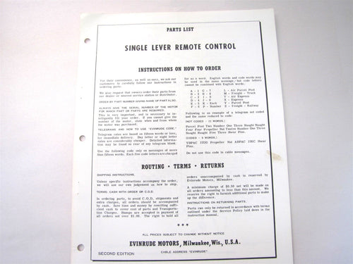 1958 Evinrude 2932 Single Lever Remote Control Parts List - 2nd Edition - Used