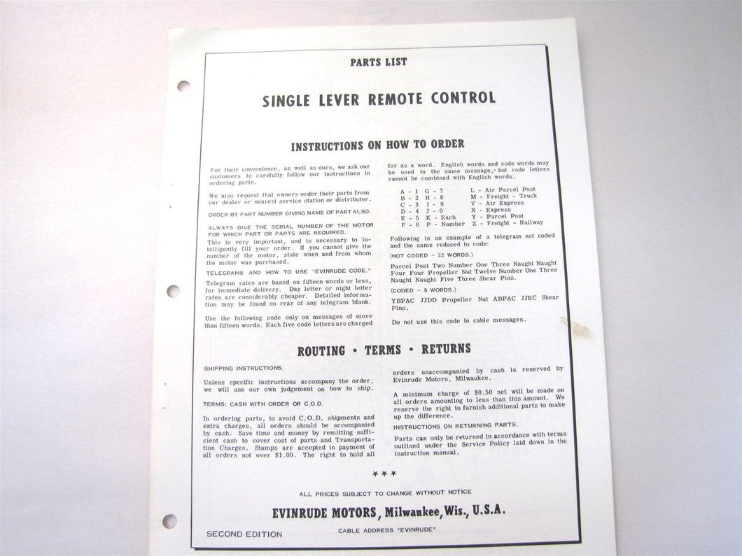 1958 Evinrude 2932 Single Lever Remote Control Parts List - 2nd Edition - Used