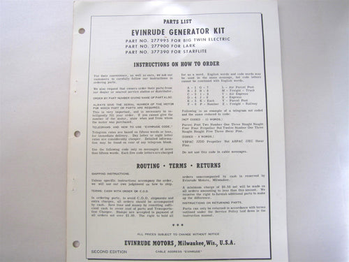 1958 Evinrude 2931 Generation Kit Parts List - 2nd Edition - Used