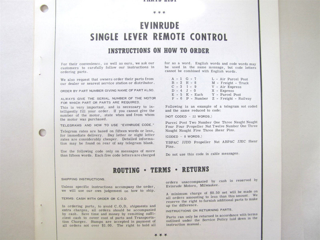 1959 Evinrude 2982 Single Lever Remote Control Parts List - 2nd Edition Used