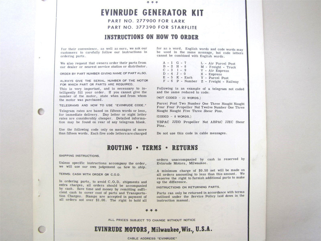 1959 Evinrude Lark/Starflite Generator Kit Parts List - 277900 377390 - Used