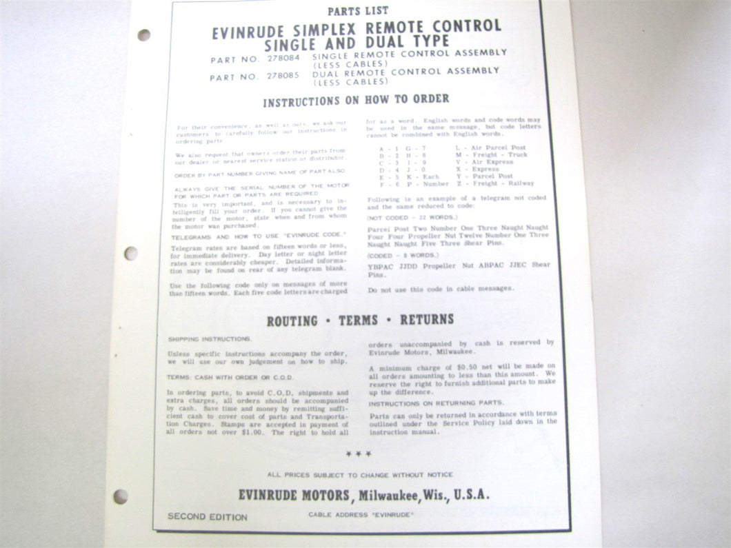 1960 Evinrude 3042 Simplex Remote Control Parts List Manual 2nd Edition - Used