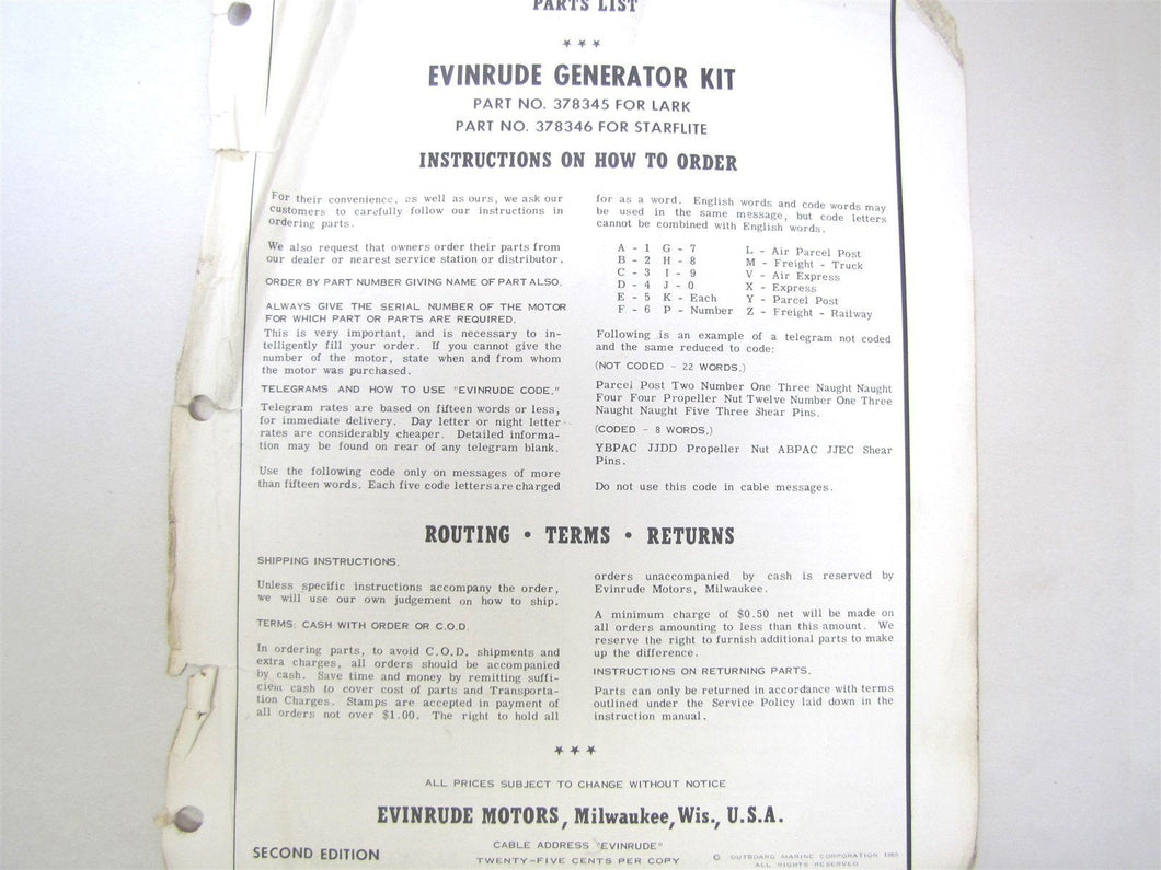 1961 Evinrude 2519 Generator Kit Parts List Manual - Used