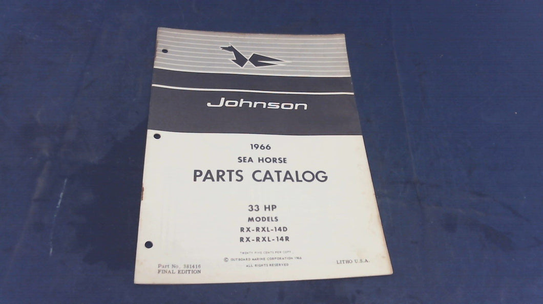 1966 Johnson 33HP RX-14D RXL-14D RX-14R RXL-14R Sea Horse Parts Catalog/List