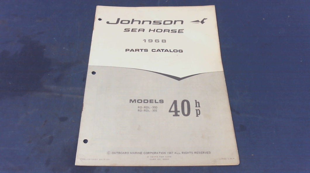 1968 Johnson 383043 Sea Horse 40hp Parts Catalog Models RD-RDL-30D & 30S - Used