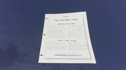 1958 Evinrude 2898 Single Lever Remote Control Parts List - 1ST Edition - Used