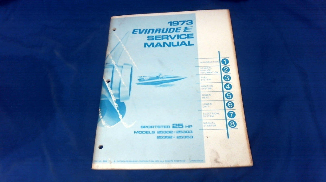 1973 Evinrude 4906 25hp Sportster Service Manual Model 25302 25303 25352 25353