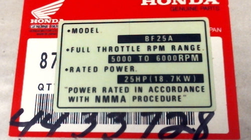 Honda 87152-ZV7-000 BF25A Specification Label