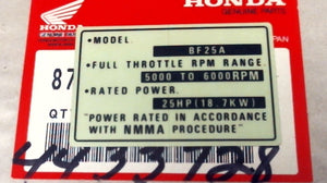 Honda 87152-ZV7-000 BF25A Specification Label