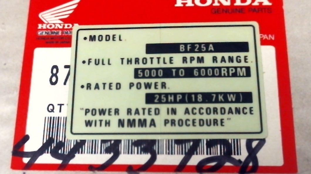 Honda 87152-ZV7-000 BF25A Specification Label