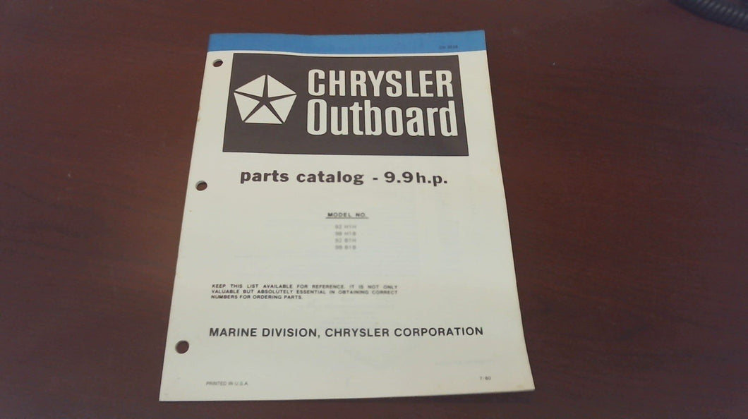 1980 Chrysler Outboard 9.9 HP 92H1H 98H1B 92B1H 98B1B Parts Catalog - Used