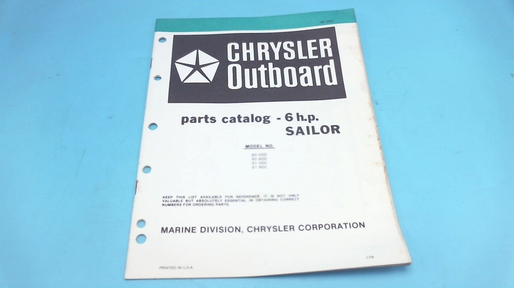 1979 Chrysler 6 H.P. Sailor 60H0D 60 B0D 61 H0C 61 B0D Parts Catalog - Used