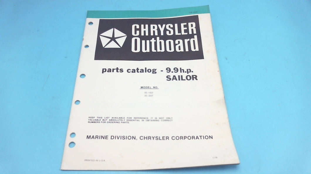 1979 Chrysler Outboard 9.9 H.P. 95 H0F 95 B0F Sailor Parts Catalog - Used