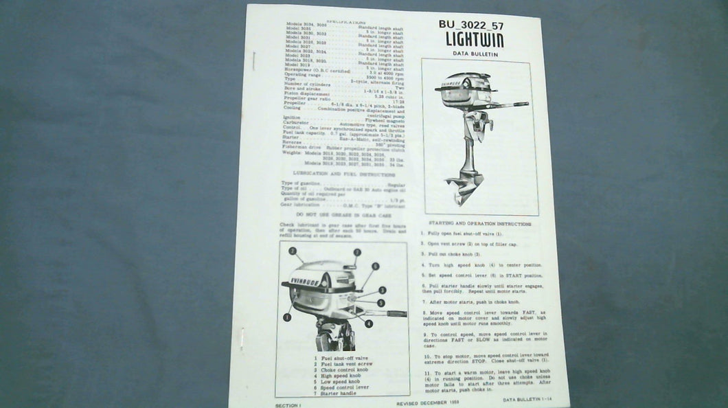 1957 Evinrude 3HP Lightwin 3018 3019 3020 3022 3023 Data Bulletin BU_3022_57