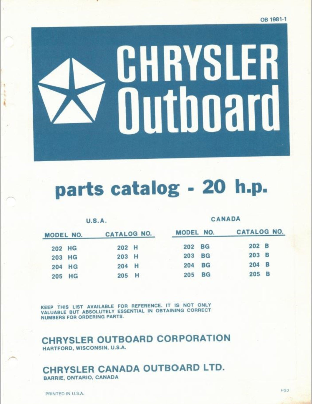 1975 Chrysler 20hp 202HG 203HG 204HG 205HG 202BG 203BG 204BG 205BG Parts Catalog