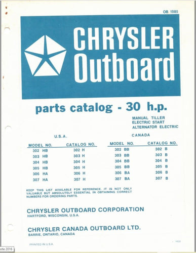 1975 Chrysler 30HP Manual Tiller Electric Start Alternator Parts Catalog - Used