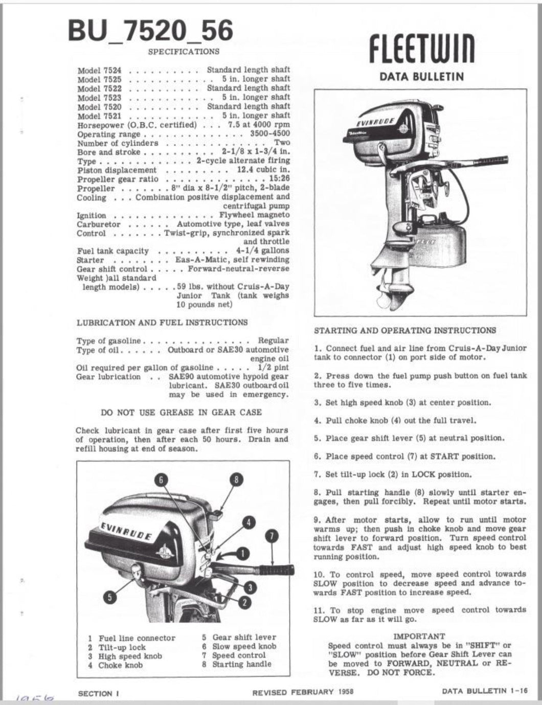 1956 Evinrude 7520 7521 7522 7523 7524 7525 7.5HP Fleetwin Data Bulletin