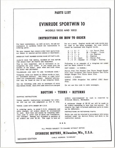 1960 Evinrude Sportwin 10 HP 10020 10021 Parts Catalog