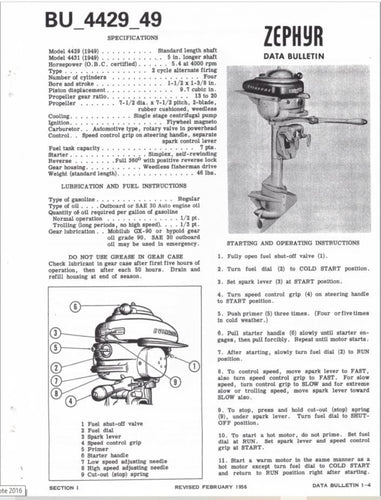 1949 Evinrude 4429 4431 Zephyr 5.4HP BU_4429_49 Data Bulletin