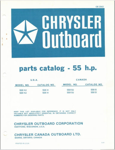 1977 Chrysler 55 HP 558HJ 559HJ 558BJ 559BJ Parts Catalog