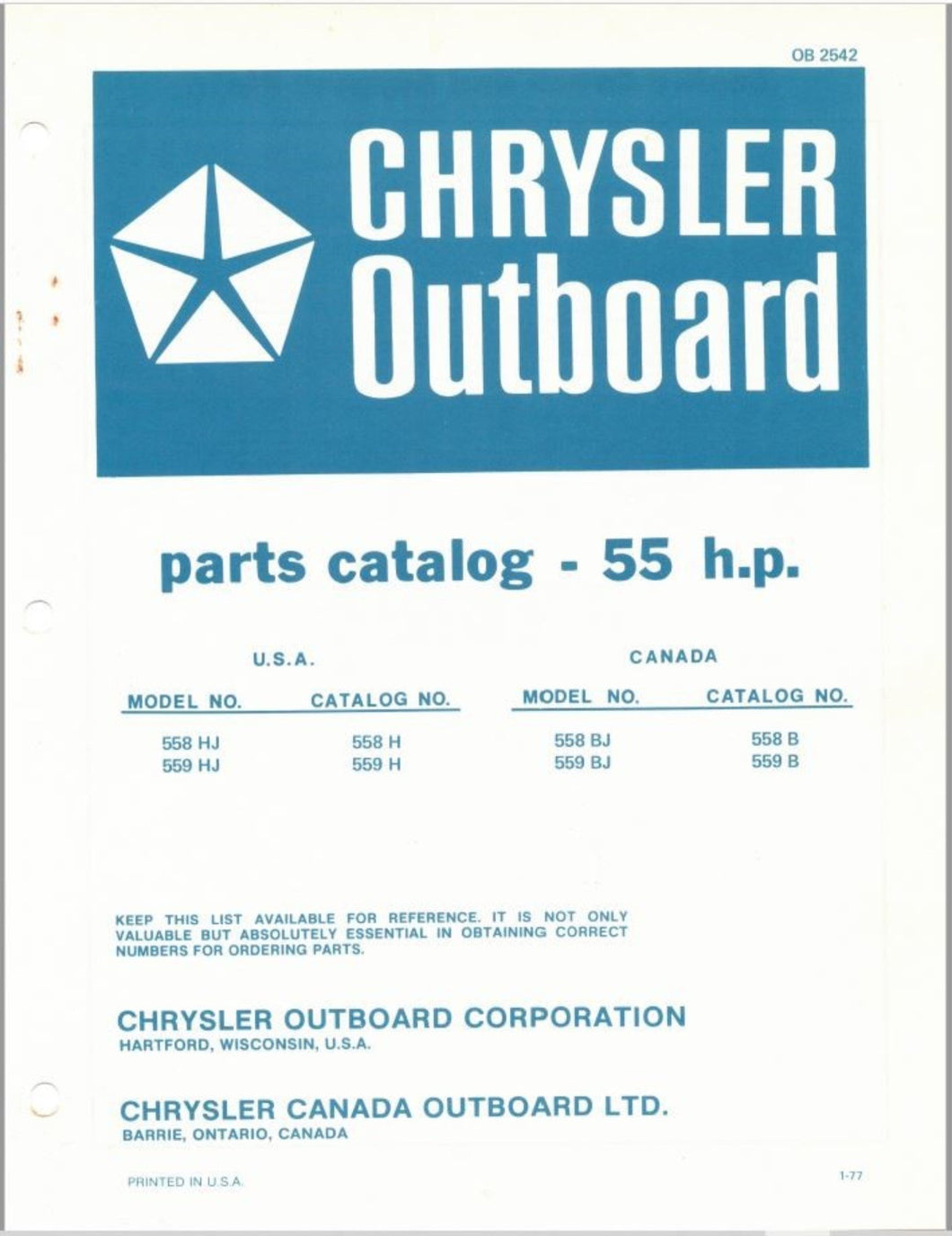 1977 Chrysler 55 HP 558HJ 559HJ 558BJ 559BJ Parts Catalog