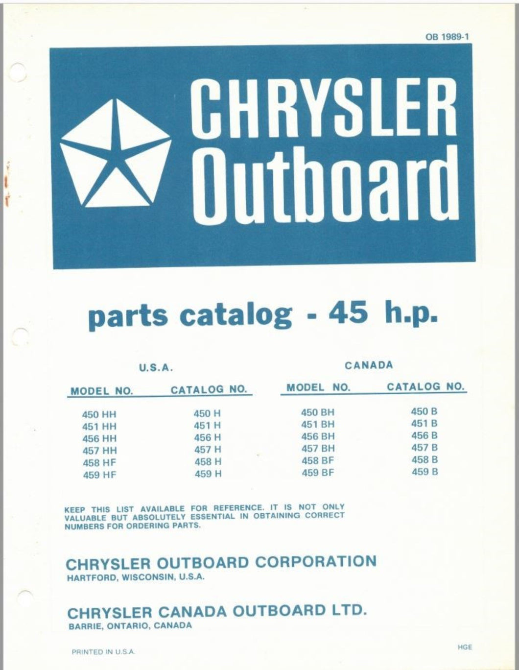 1976 Chrysler 45HP 450HH 451HH 456HH 457HH 458HF 459HF 450BH 451BH Parts Catalog