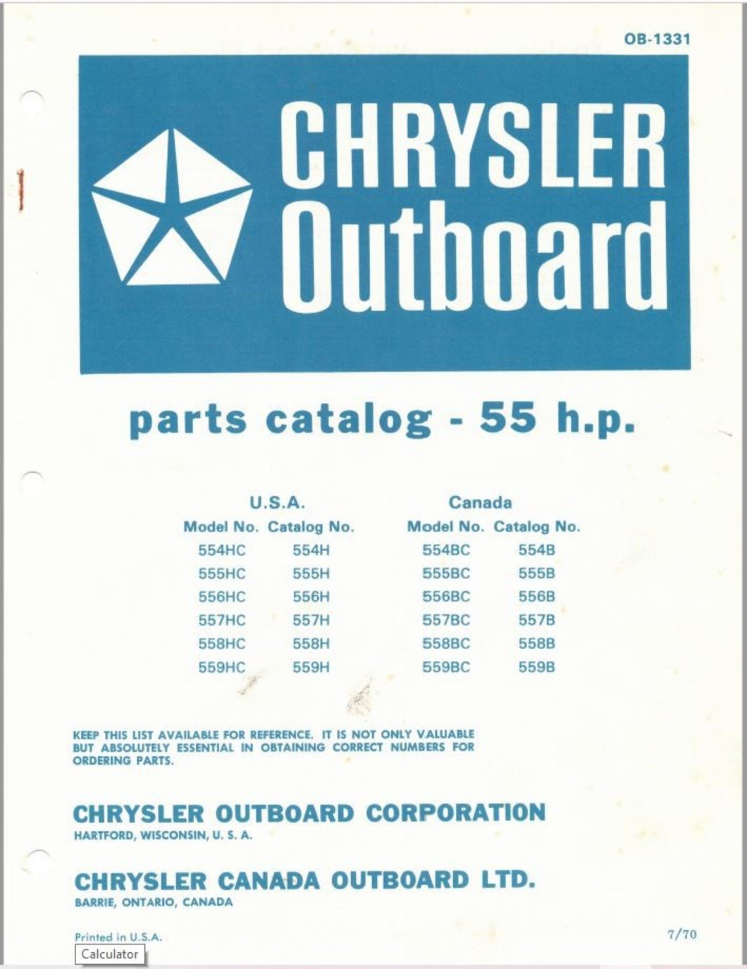 1970 Chrysler 55 HP Parts 554HC 555HC 556HC 557HC558HC 559HC 554BC 555BC Catalog