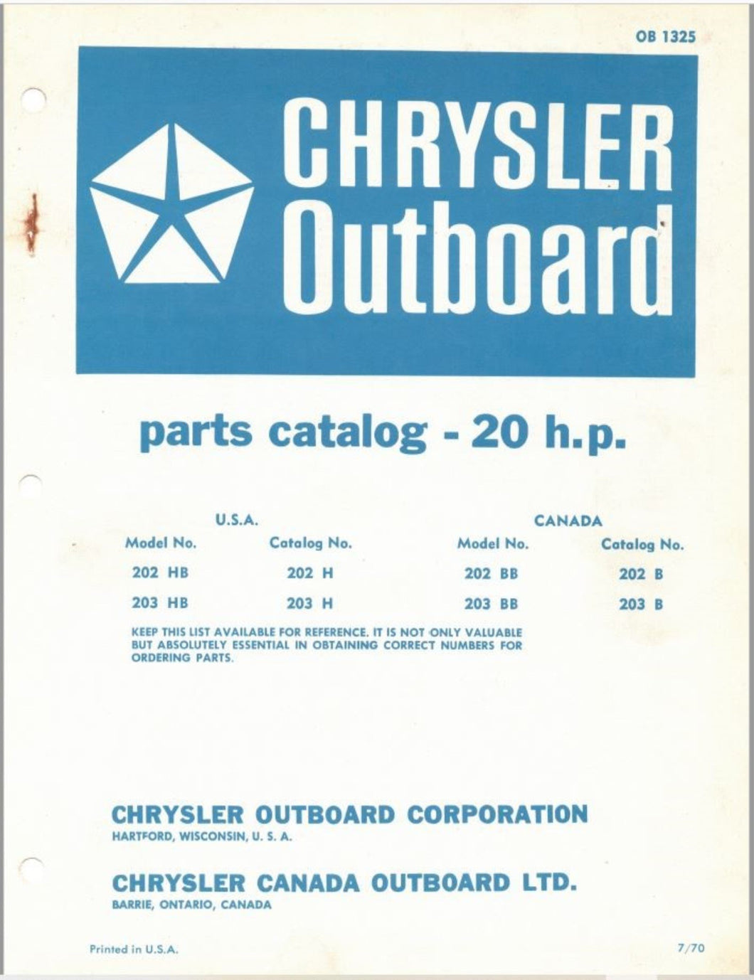 1970 Chrysler 20 HP 202HB 203HB 202BB 203BB Parts Catalog - Used