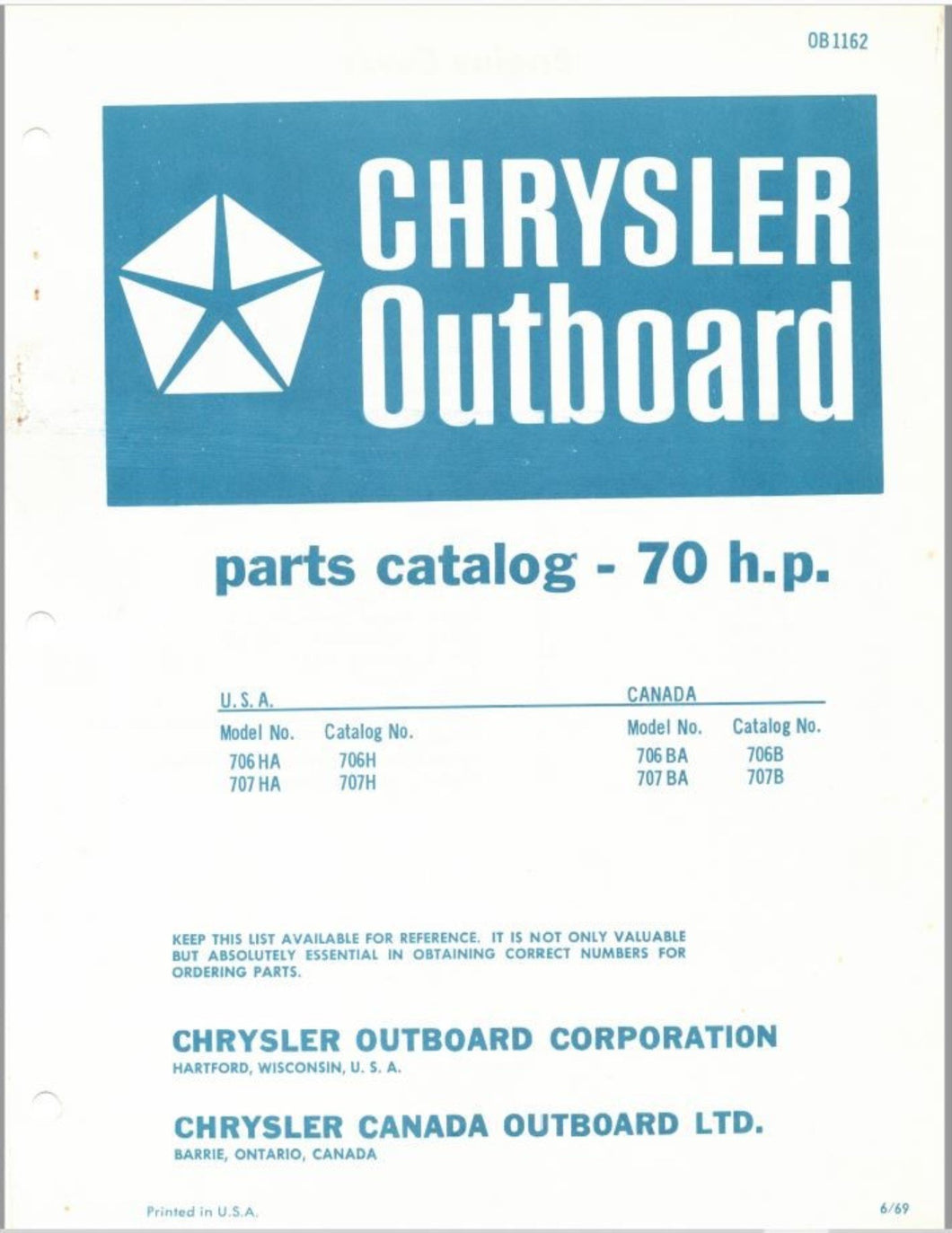 1969 Chrysler 70HP 706HA 707HA 706BA 707BA Parts Catalog