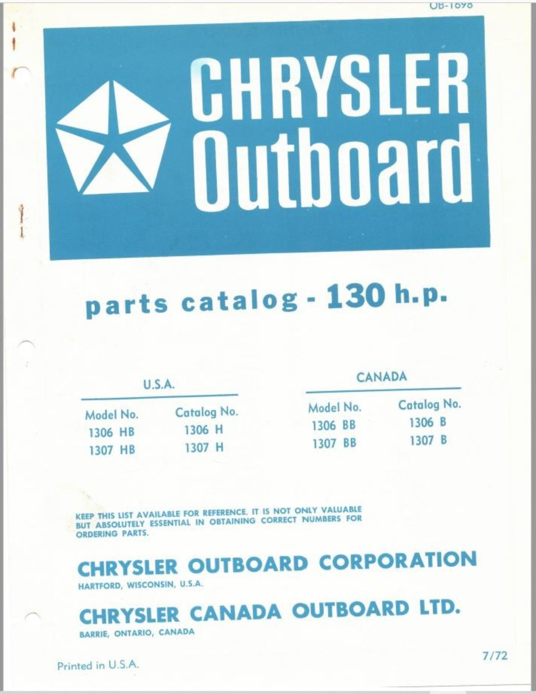 1972 Chrysler 130HP 1306HB 1307HB 1306BB 1307BB Parts Catalog