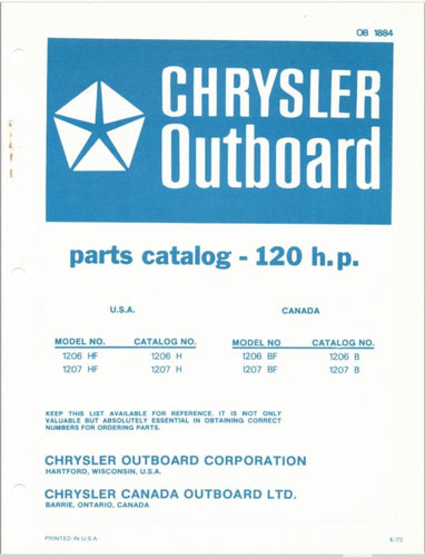 1973 Chrysler 120HP 1206HF 1207HF 1206BF 1207BF Parts Catalog